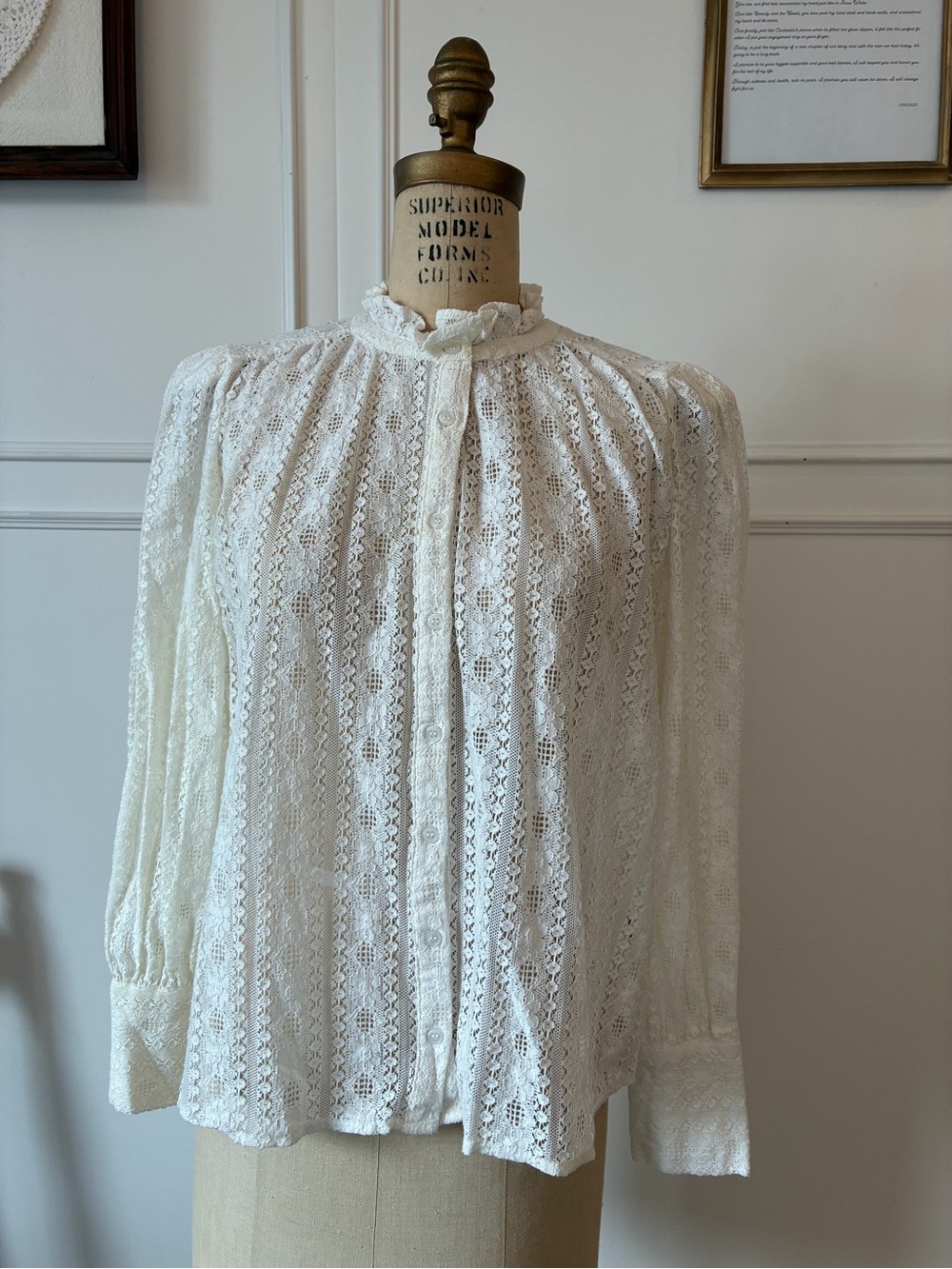 Women's Ivory Lace High-Neck Button Blouse